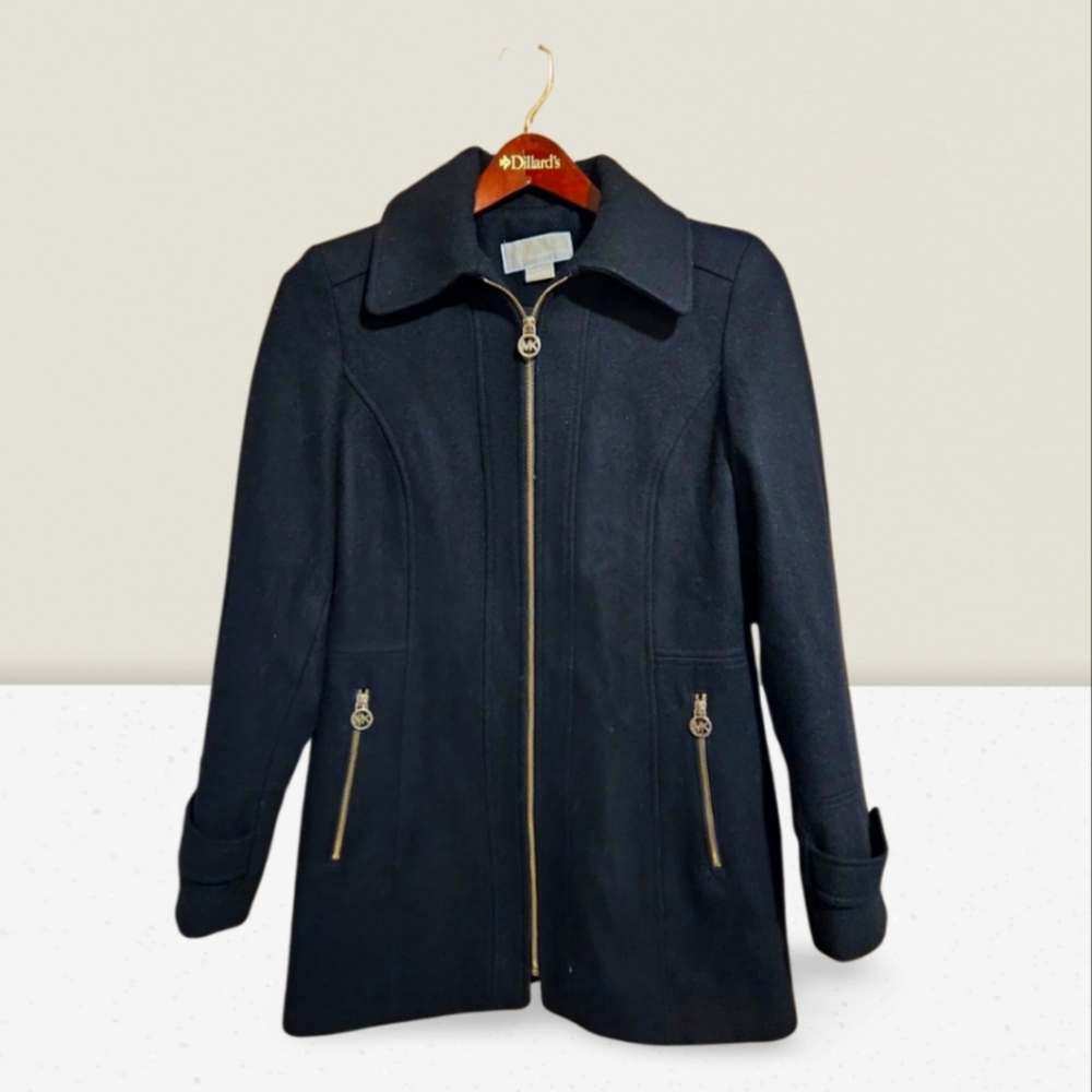 MICHAEL Kors Women's Car Coat Black Wool Blend Zip Up Size 6 Pea Coat Classic